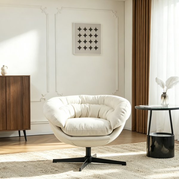 Chenille Upholstered 360 Swivel Club Chair/Accent Chair with Removable Cushion, Round Office Chair with Black Metal Base