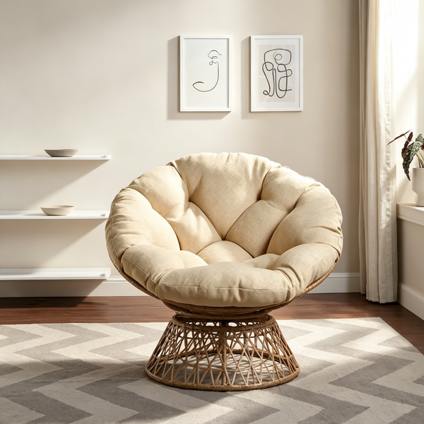 Round Papasan Chair with Thick Cushion and Sturdy Rattan Frame