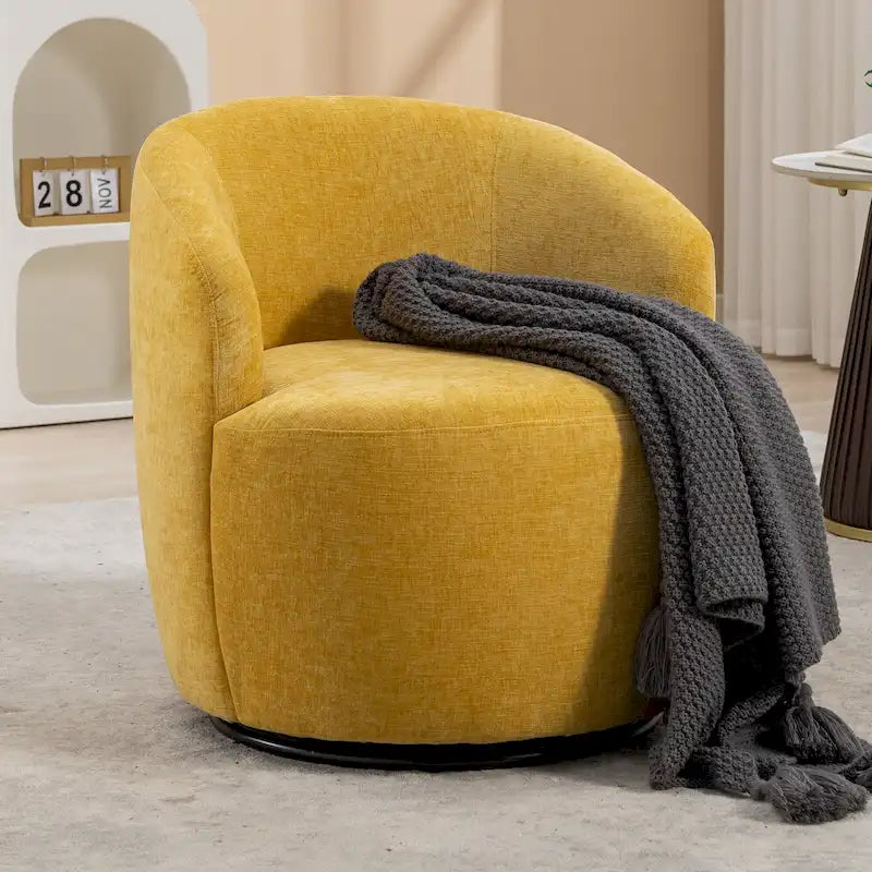 Fauteuil tonneau pivotant moderne jaune en chenille de 25.6 avec anneau métallique