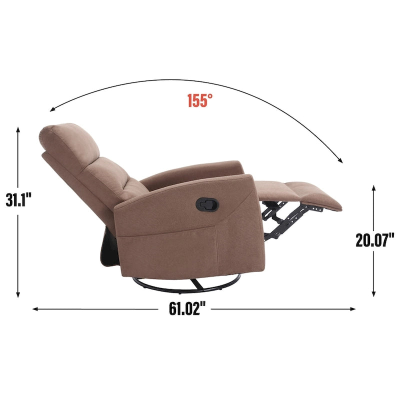 Manual Recliner Chair with Rocker and Swivel in Fabric for Living Room