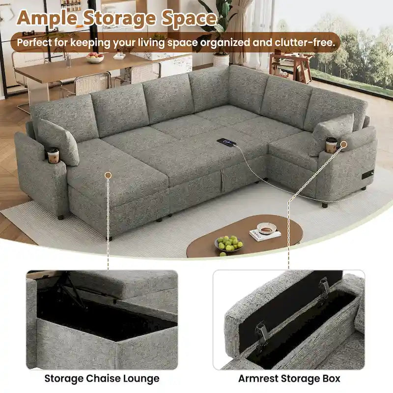 Divano a U, divano componibile in ciniglia con 2 portabicchieri e porte di ricarica, divano letto reclinabile per soggiorno
