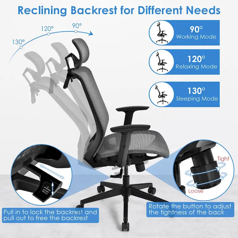 Ergonomischer Mesh-Bürostuhl mit hoher Rückenlehne und Liegefunktion