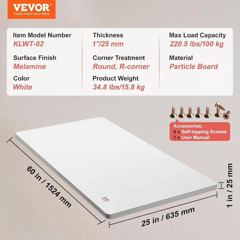 Rechthoekig tafelblad van 60 x 25 inch voor verstelbaar sta-bureau, wit