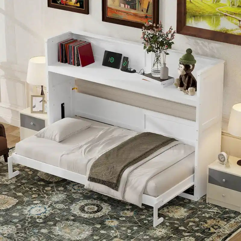 Lit escamotable Twin XL avec bureau et éclairage LED, cadre de lit en bois massif avec station de recharge USB, pour les petits espaces et les bureaux à domicile