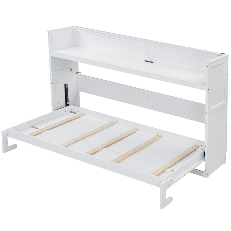 Lit escamotable Twin XL avec bureau et éclairage LED, cadre de lit en bois massif avec station de recharge USB, pour les petits espaces et les bureaux à domicile