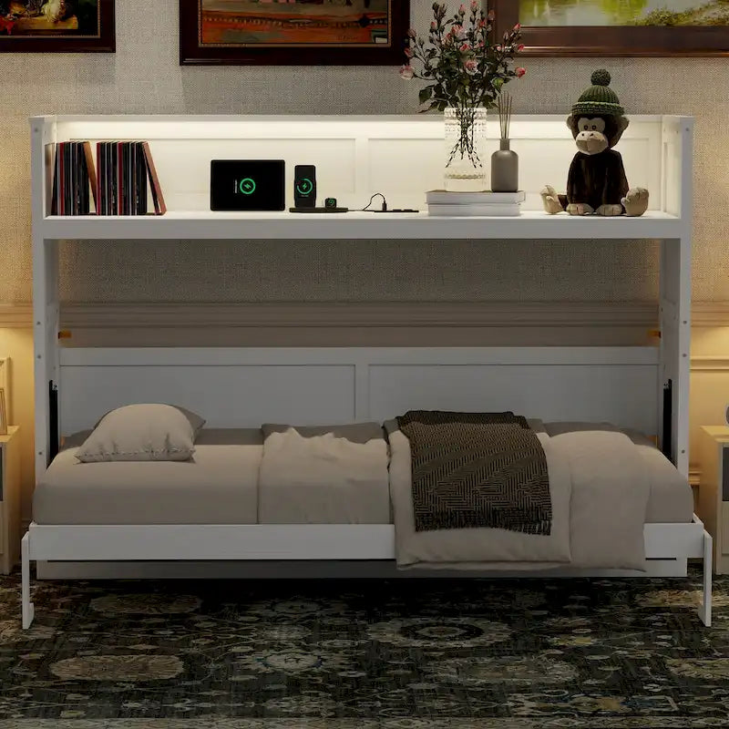 Letto a scomparsa Twin XL con scrivania e luce LED, struttura del letto in legno massello con stazione di ricarica USB, per piccoli spazi e uffici domestici