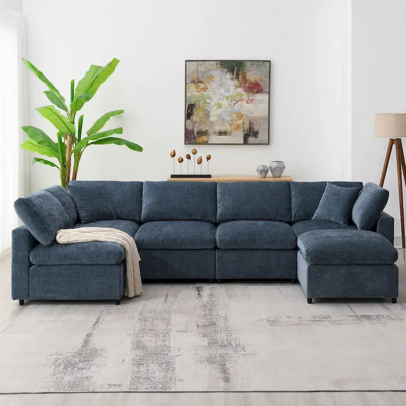 Divano modulare a U effetto nuvola con pouf, divano letto trasformabile