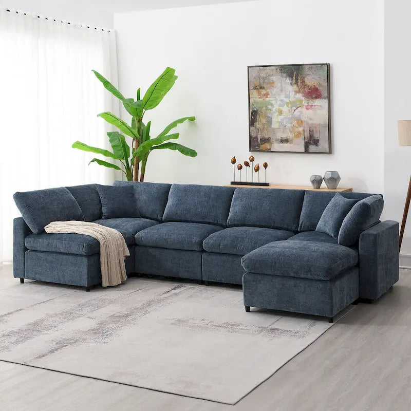 Divano modulare a U effetto nuvola con pouf, divano letto trasformabile