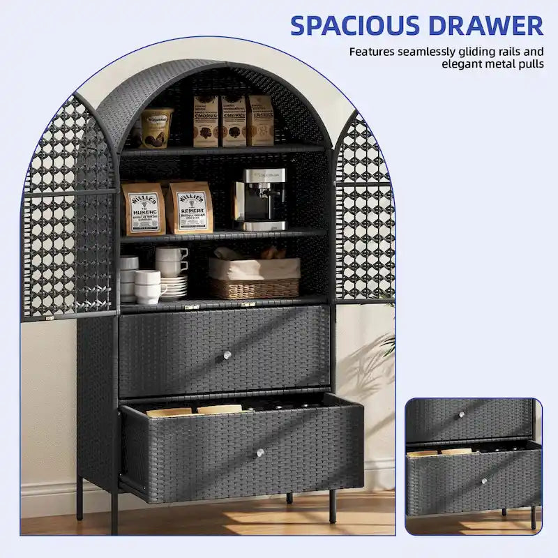 65 Inch Tall Arched Wicker Kitchen Pantry Cabinet with 3 Shelves and 2 Drawers