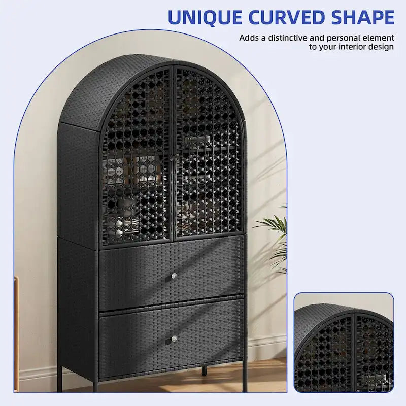 65 Inch Tall Arched Wicker Kitchen Pantry Cabinet with 3 Shelves and 2 Drawers