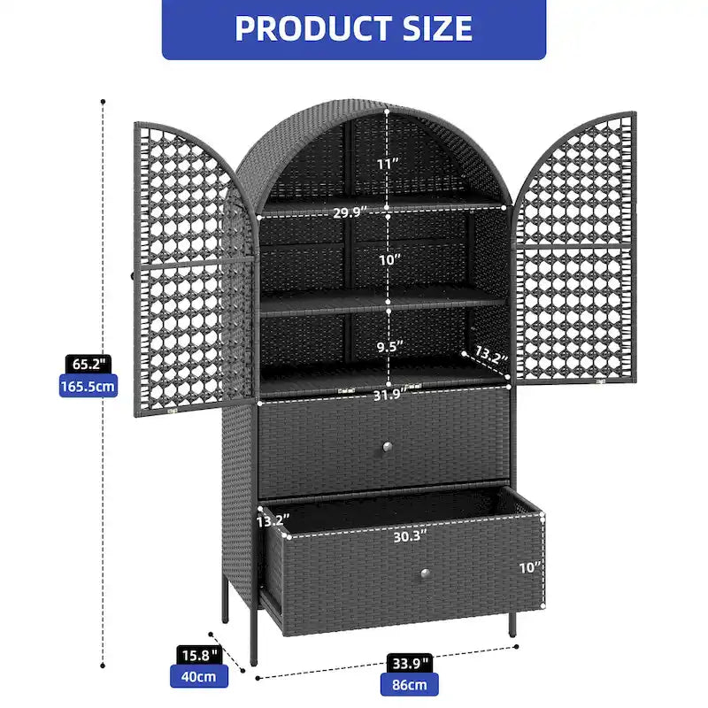 65 Inch Tall Arched Wicker Kitchen Pantry Cabinet with 3 Shelves and 2 Drawers