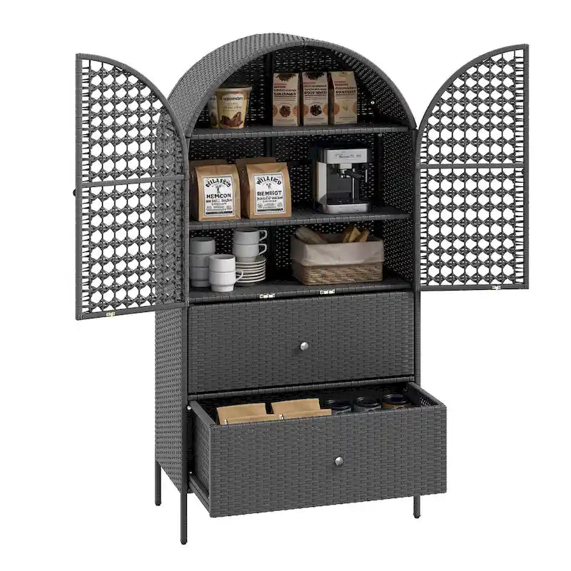65 Inch Tall Arched Wicker Kitchen Pantry Cabinet with 3 Shelves and 2 Drawers