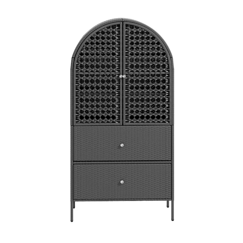 65 Inch Tall Arched Wicker Kitchen Pantry Cabinet with 3 Shelves and 2 Drawers
