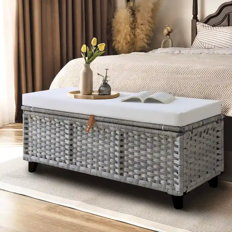 Banc de rangement en osier avec coussin pour chambre, salon, véranda - 18.5 H X 43.3 W X 18.5 D