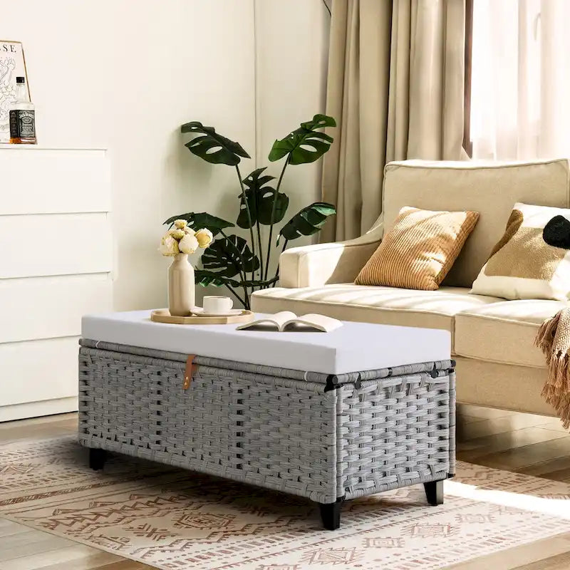 Banc de rangement en osier avec coussin pour chambre, salon, véranda - 18.5 H X 43.3 W X 18.5 D