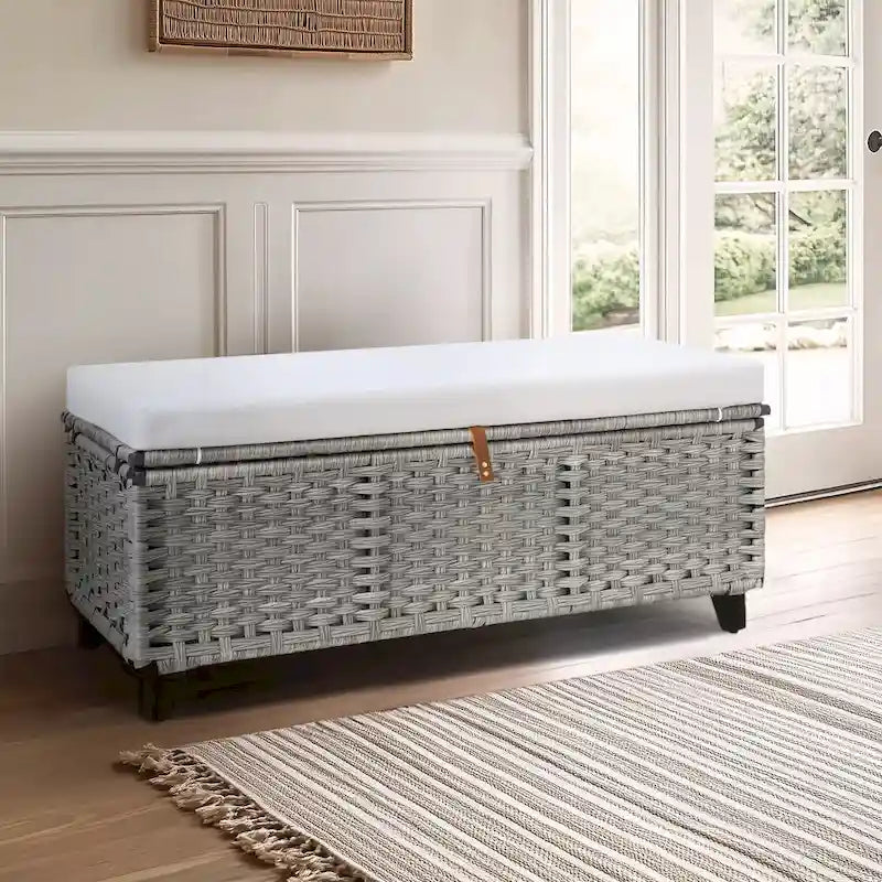 Banc de rangement en osier avec coussin pour chambre, salon, véranda - 18.5 H X 43.3 W X 18.5 D