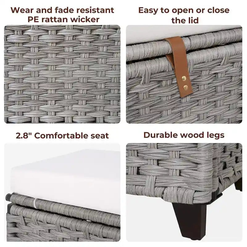 Banc de rangement en osier avec coussin pour chambre, salon, véranda - 18.5 H X 43.3 W X 18.5 D