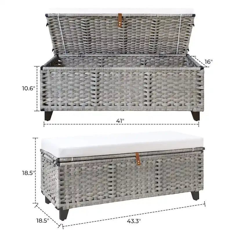 Banc de rangement en osier avec coussin pour chambre, salon, véranda - 18.5 H X 43.3 W X 18.5 D