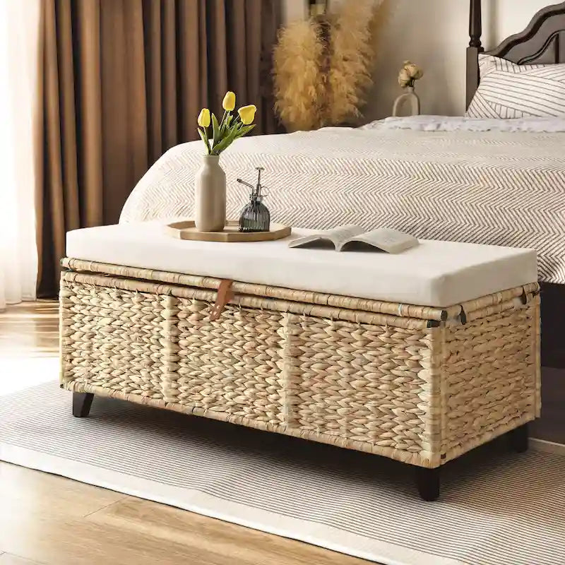 Banc de rangement en osier avec coussin pour chambre, salon, véranda - 18.5 H X 43.3 W X 18.5 D