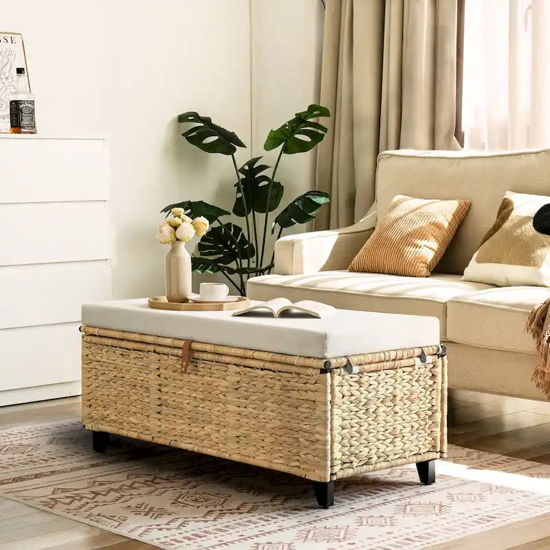 Banc de rangement en osier avec coussin pour chambre, salon, véranda - 18.5 H X 43.3 W X 18.5 D