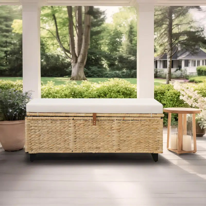 Banc de rangement en osier avec coussin pour chambre, salon, véranda - 18.5 H X 43.3 W X 18.5 D