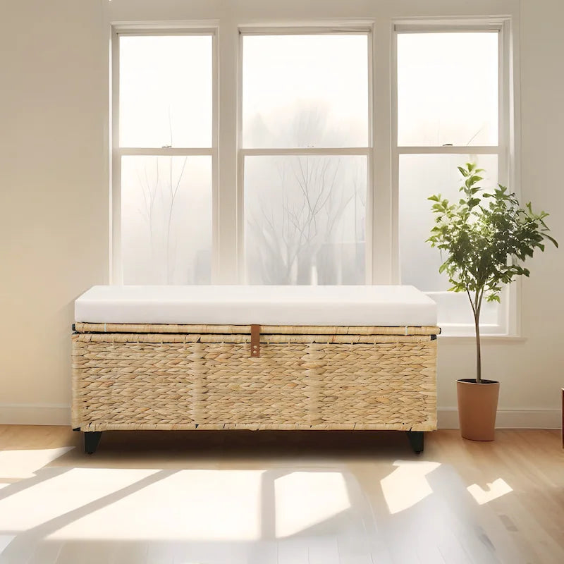 Banc de rangement en osier avec coussin pour chambre, salon, véranda - 18.5 H X 43.3 W X 18.5 D