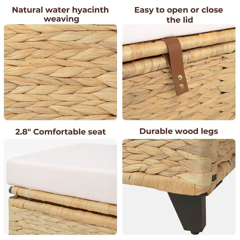 Banc de rangement en osier avec coussin pour chambre, salon, véranda - 18.5 H X 43.3 W X 18.5 D