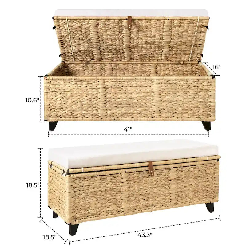 Banc de rangement en osier avec coussin pour chambre, salon, véranda - 18.5 H X 43.3 W X 18.5 D