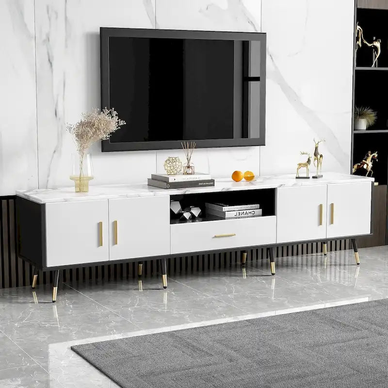 Meuble TV moderne avec 2 placards et compartiments ouverts, console de télévision pour le salon ou la chambre