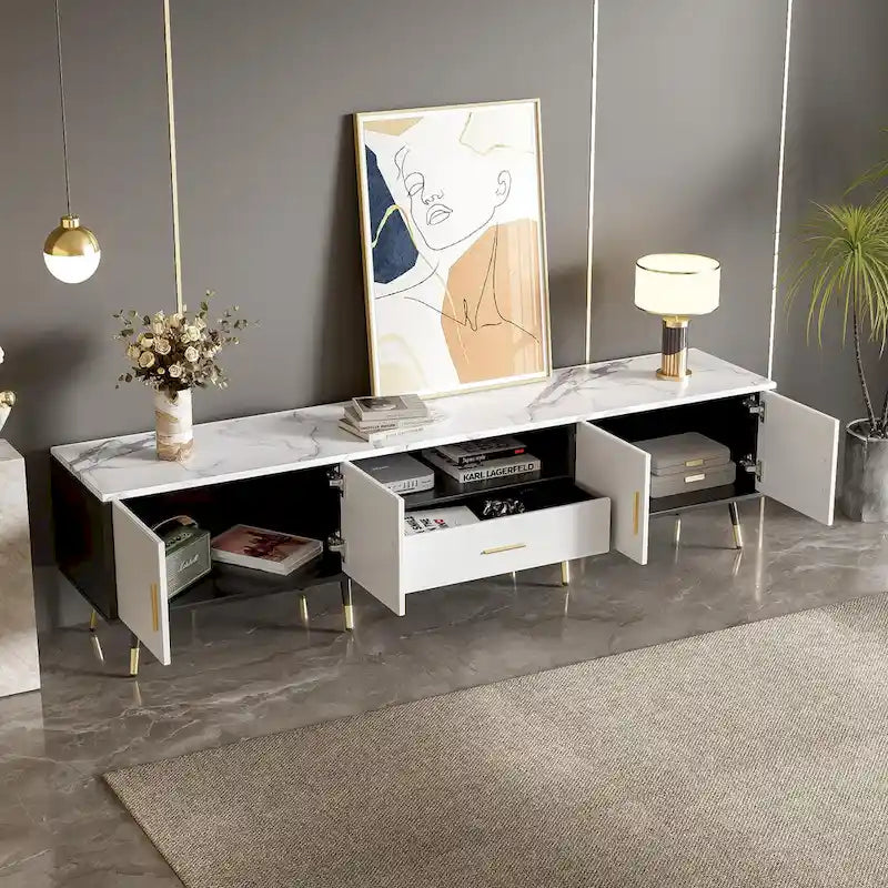 Meuble TV moderne avec 2 placards et compartiments ouverts, console de télévision pour le salon ou la chambre