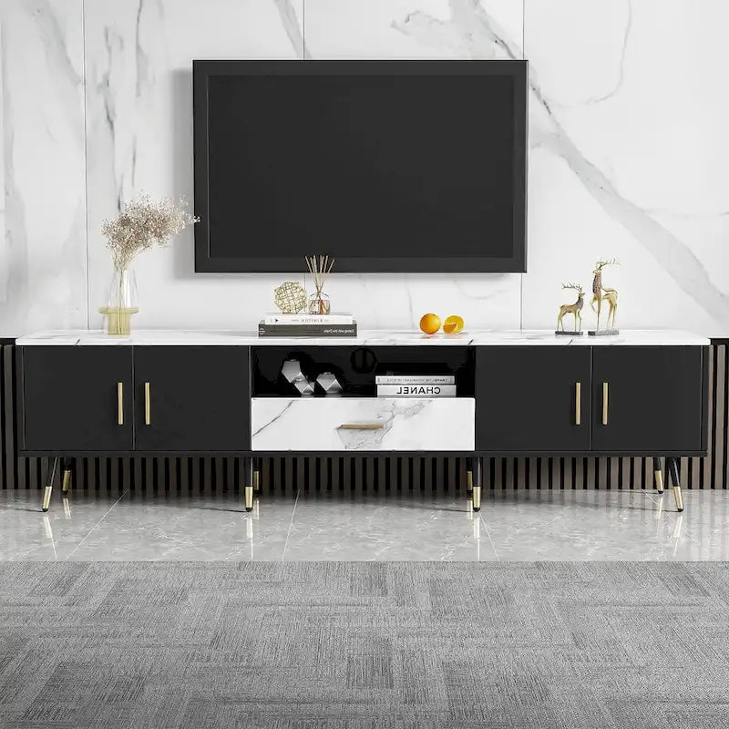 Meuble TV moderne avec 2 placards et compartiments ouverts, console de télévision pour le salon ou la chambre