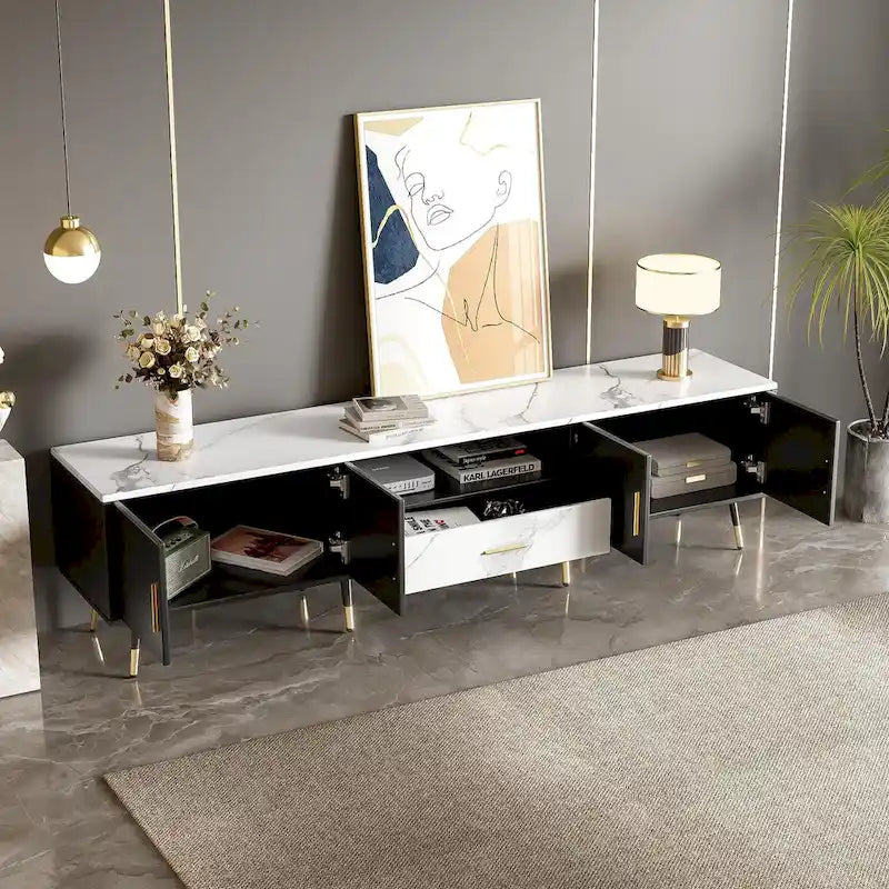 Meuble TV moderne avec 2 placards et compartiments ouverts, console de télévision pour le salon ou la chambre