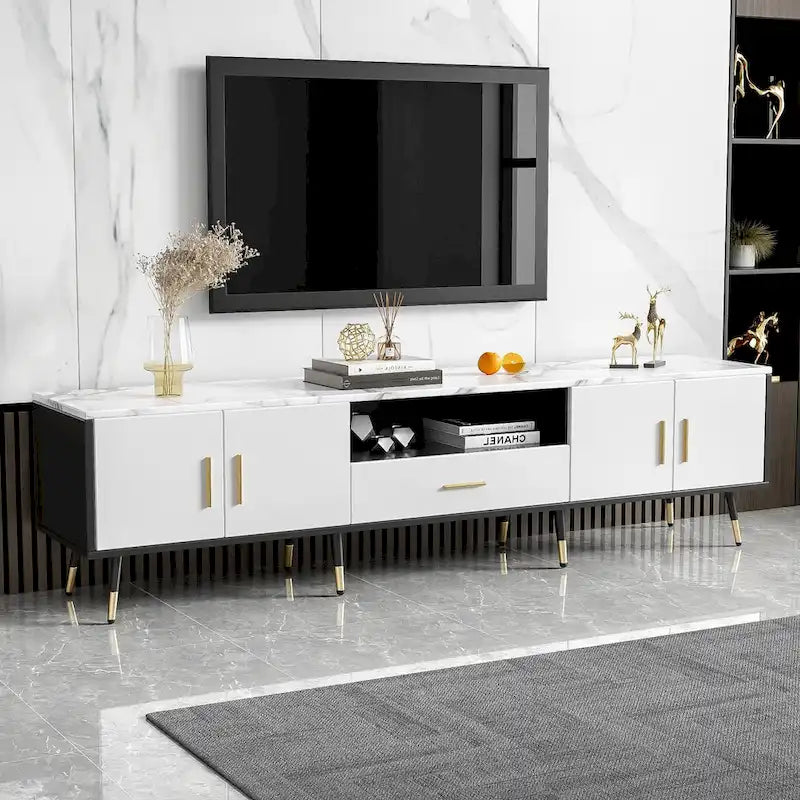 Meuble TV moderne avec 2 placards et compartiments ouverts, console de télévision pour le salon ou la chambre