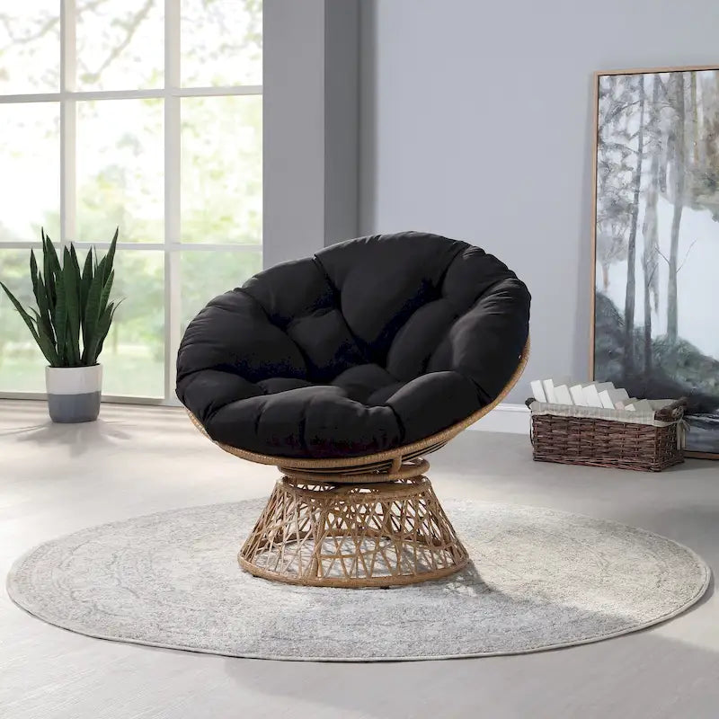 Poltrona Papasan rotonda con cuscino spesso e robusta struttura in rattan
