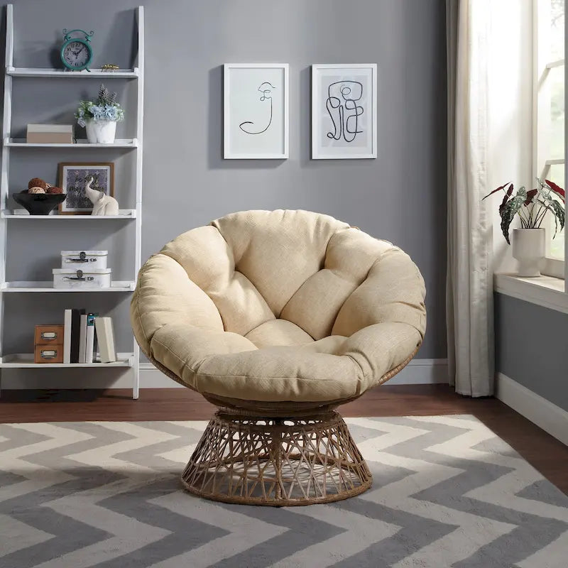 Poltrona Papasan rotonda con cuscino spesso e robusta struttura in rattan