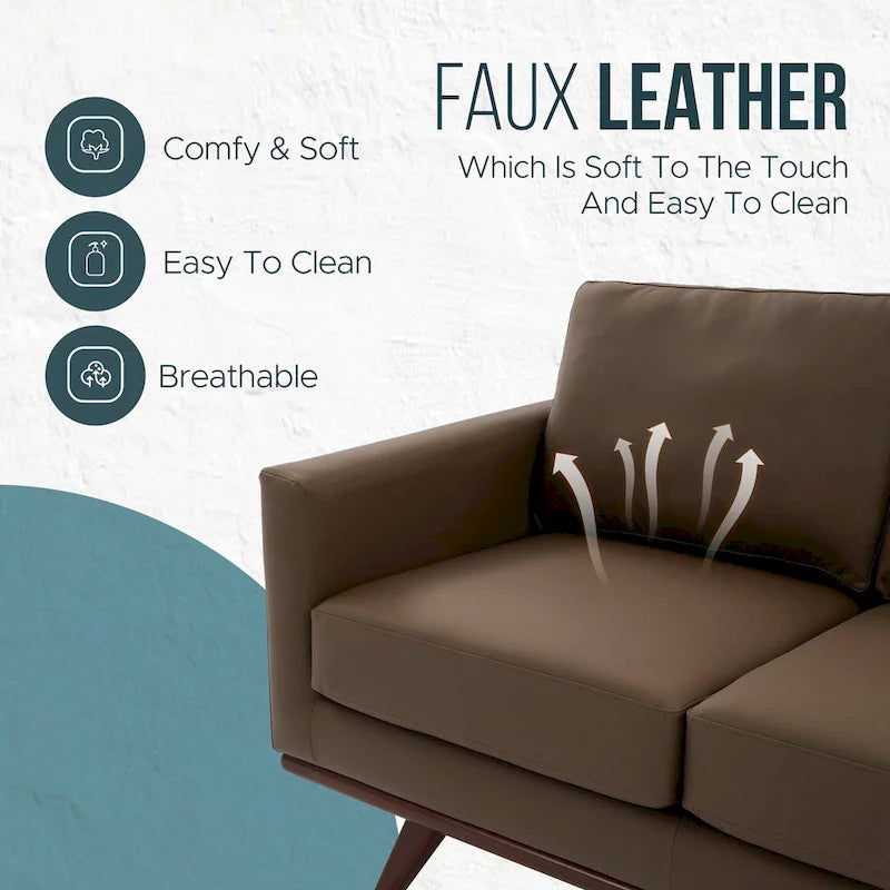 Modern Leather Loveseat 2-Seater Sofa with Birch Wood Base for Living Room Bedroom and Garden Lounge - 58.27 Inch