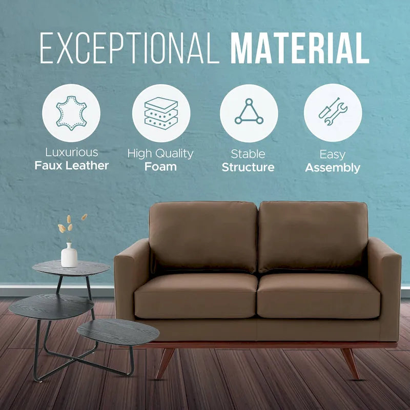 Modern Leather Loveseat 2-Seater Sofa with Birch Wood Base for Living Room Bedroom and Garden Lounge - 58.27 Inch