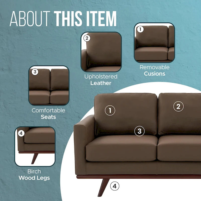 Modern Leather Loveseat 2-Seater Sofa with Birch Wood Base for Living Room Bedroom and Garden Lounge - 58.27 Inch