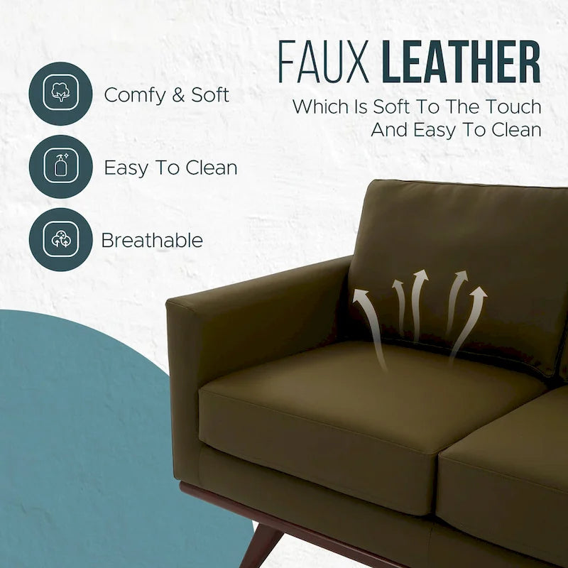 Modern Leather Loveseat 2-Seater Sofa with Birch Wood Base for Living Room Bedroom and Garden Lounge - 58.27 Inch