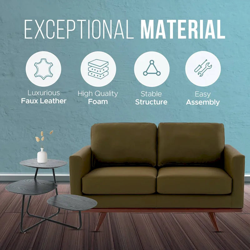 Modern Leather Loveseat 2-Seater Sofa with Birch Wood Base for Living Room Bedroom and Garden Lounge - 58.27 Inch
