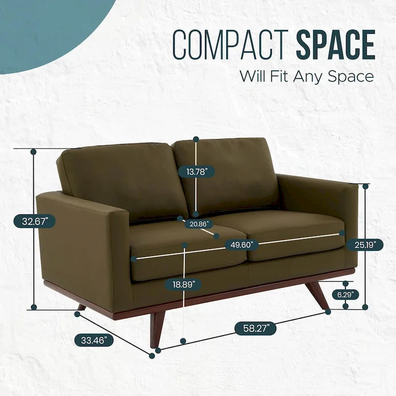 Modern Leather Loveseat 2-Seater Sofa with Birch Wood Base for Living Room Bedroom and Garden Lounge - 58.27 Inch
