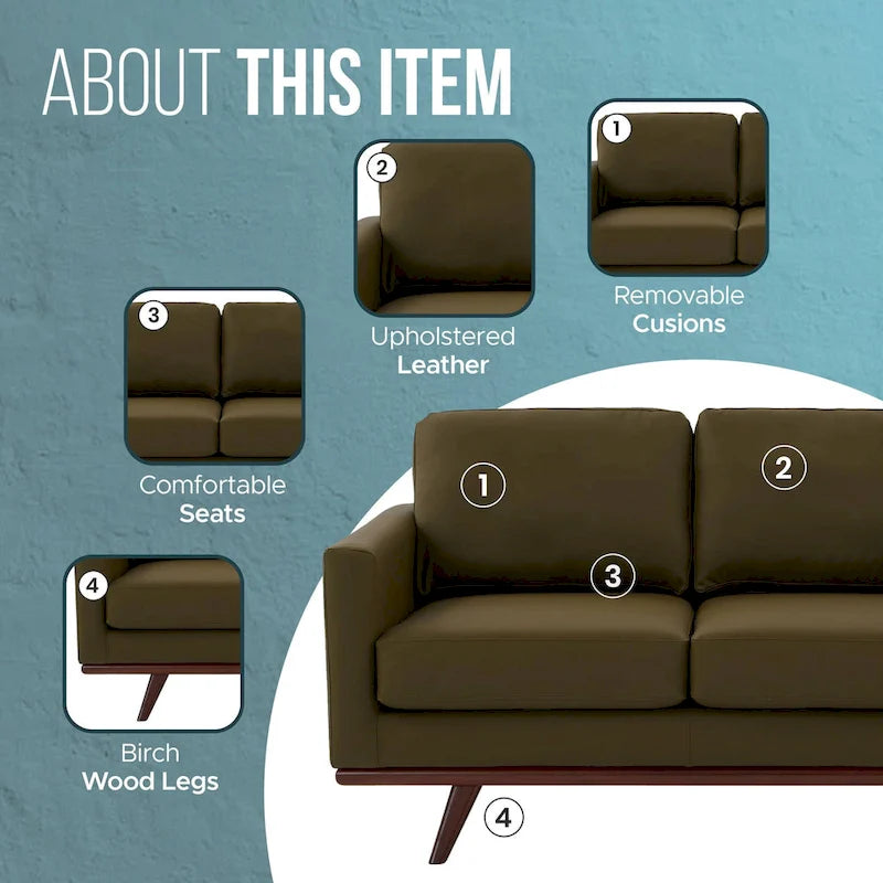 Modern Leather Loveseat 2-Seater Sofa with Birch Wood Base for Living Room Bedroom and Garden Lounge - 58.27 Inch