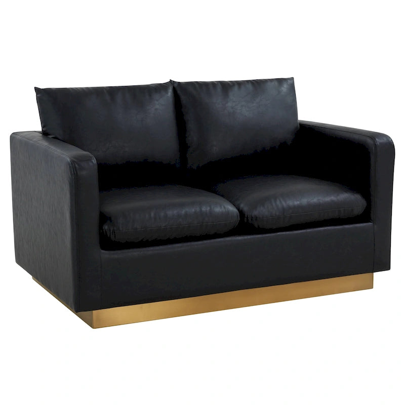 Poltroncina moderna in pelle con base dorata e cuscini