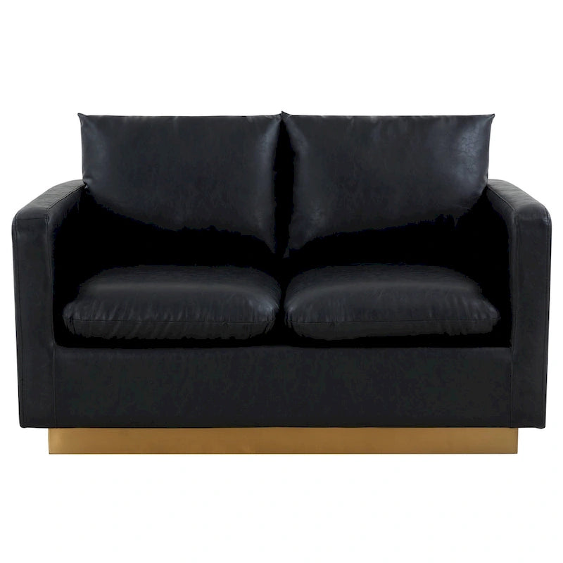 Poltroncina moderna in pelle con base dorata e cuscini