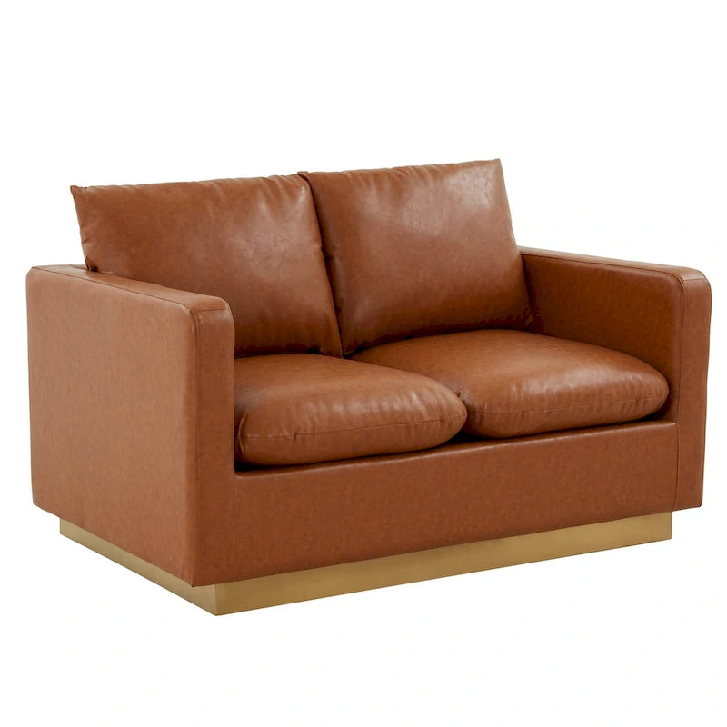 Causeuse moderne en cuir avec base dorée et coussins
