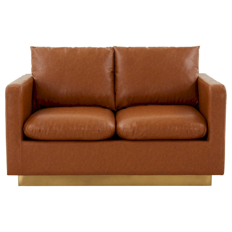 Causeuse moderne en cuir avec base dorée et coussins