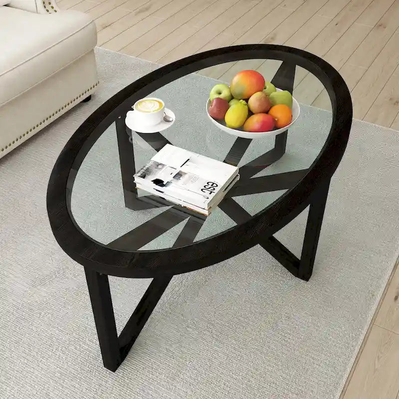 Tavolino da salotto contemporaneo in vetro con base in legno