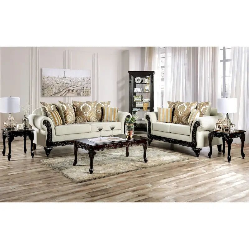 Traditional Cream Chenille Upholstered Rolled Arms Sofa