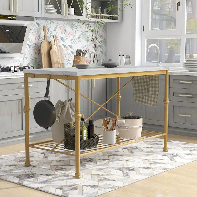 Moderner 58-Inch breiter Küchenblock in Weiß und Gold mit Marmorplatte
