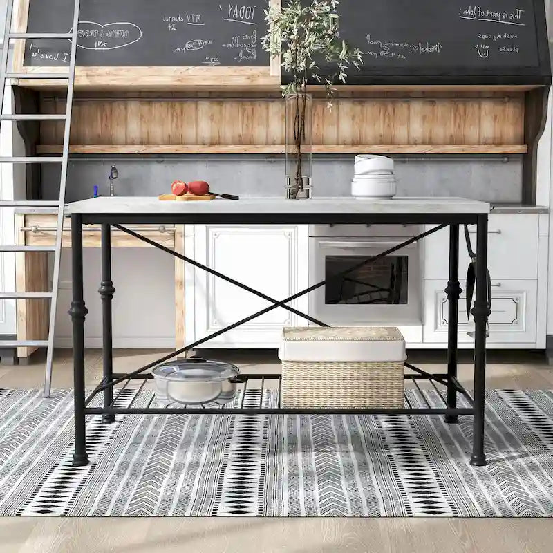 Contemporary White and Gold 58-Inch Wide Marble Top Kitchen Island